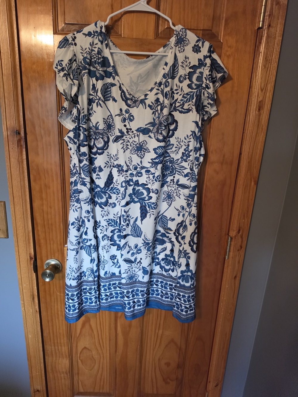 Blue Floral V-Neck Ruffle Sleeve Top - Women